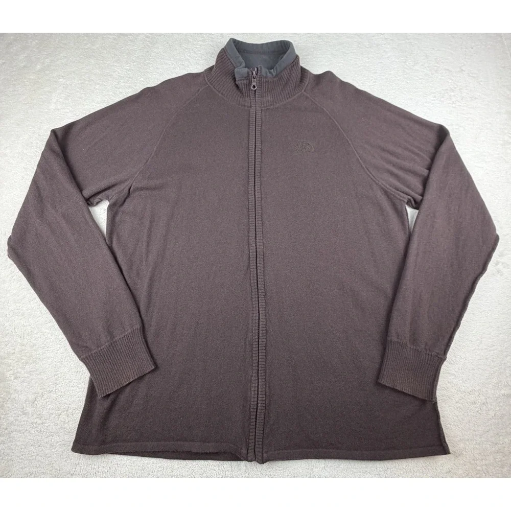 The North Face Men's Sweater Brown Mock Neck Cotton Wool Blend Full Zip Large